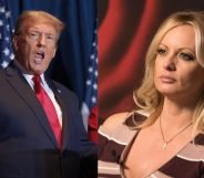 side by side images of former president Donald Trump before supporters and adult film star Stormy Daniels