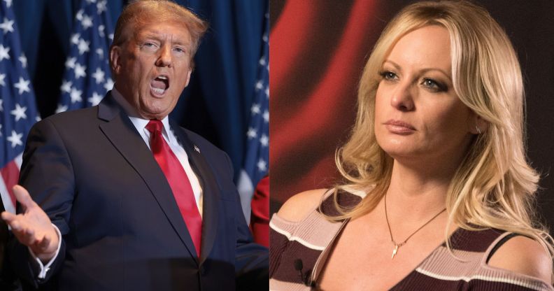 side by side images of former president Donald Trump before supporters and adult film star Stormy Daniels