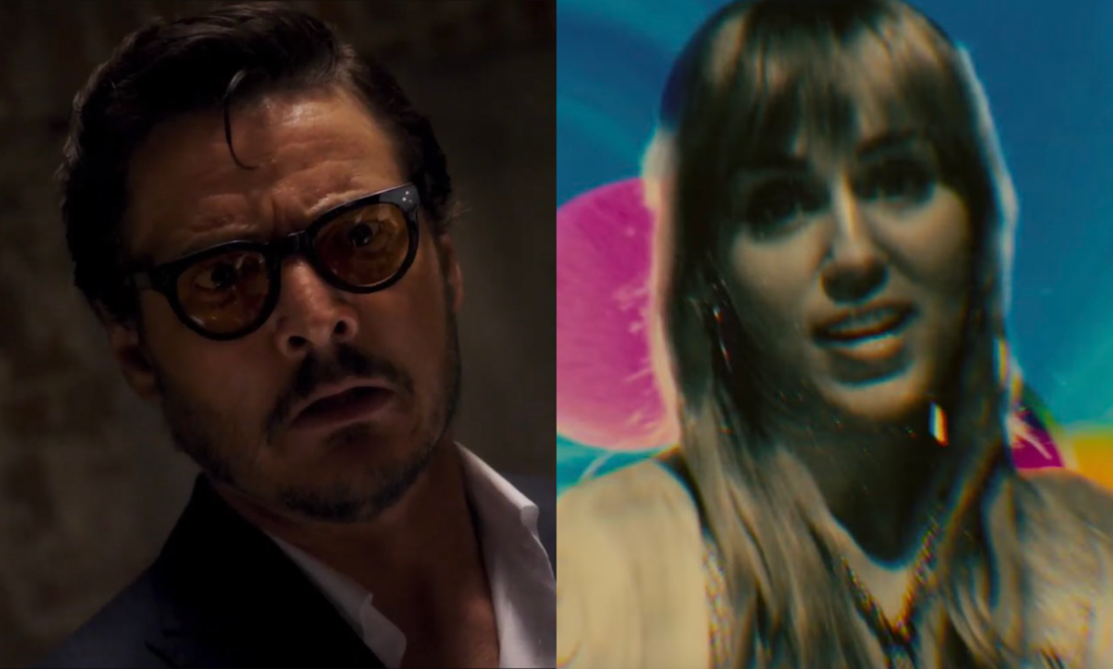 Pedro Pascal and Miley Cyrus in stills from Drive Away Dolls.