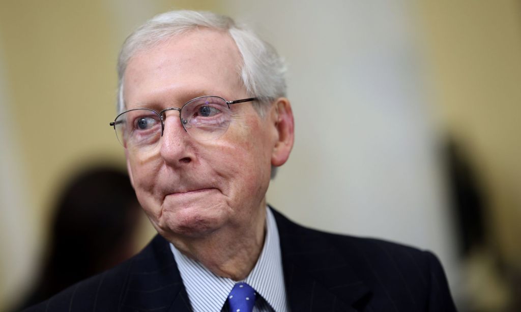 Republican Senate leader Mitch McConnell wears a suit and tie as he stares off camera