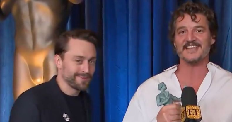 Actors Pedro Pascal and Kieran Culkin smile as they are interviewed after the SAG awards