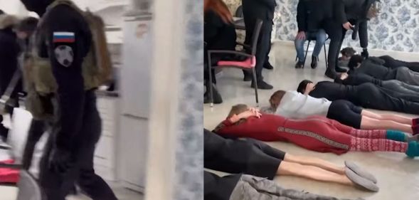 Side by side screenshots from a video from state-run media of police in Russia raiding an alleged 'anti-war LGBTQ+ party'