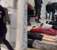 Side by side screenshots from a video from state-run media of police in Russia raiding an alleged 'anti-war LGBTQ+ party'