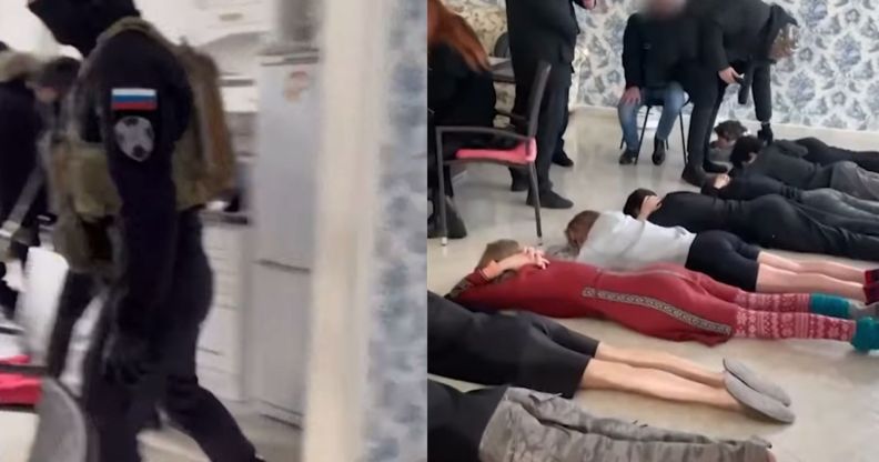 Side by side screenshots from a video from state-run media of police in Russia raiding an alleged 'anti-war LGBTQ+ party'