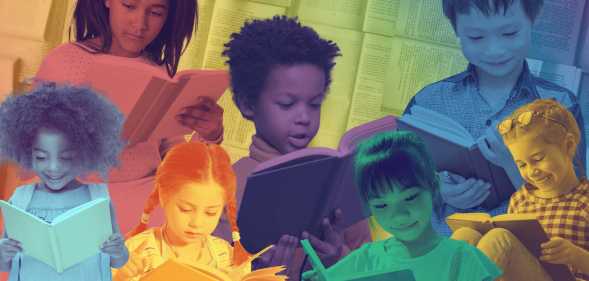 A collection of images of people reading in different colours as LGBTQ book bans continue to be introduced across the US