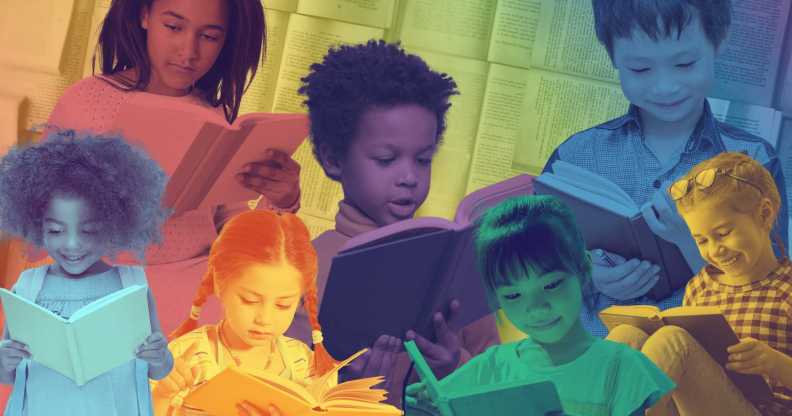A collection of images of people reading in different colours as LGBTQ book bans continue to be introduced across the US