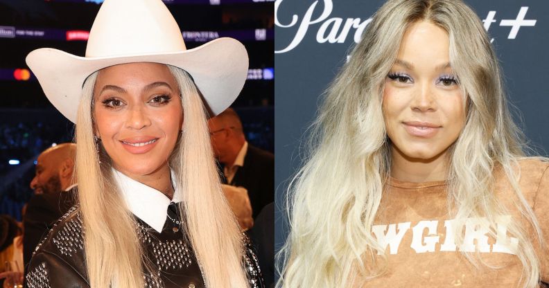 Beyoncé at the Grammy Awards 2024 and Tanner Adell in a cow girl top.
