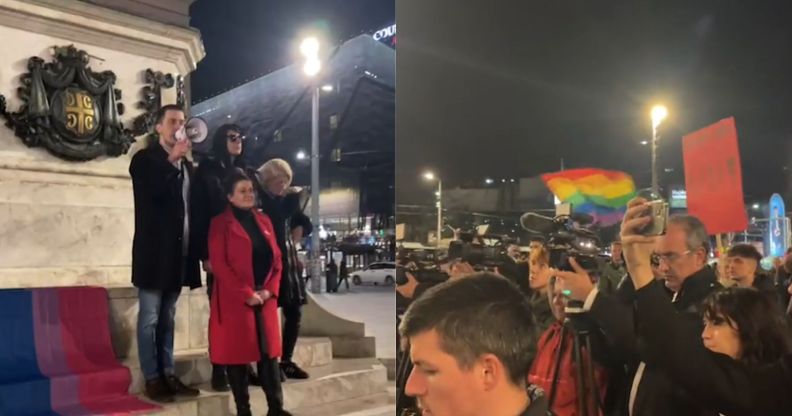 A split image, with the left being a small group of people next to a bisexual flag and the right being a larger group of people.