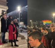 A split image, with the left being a small group of people next to a bisexual flag and the right being a larger group of people.