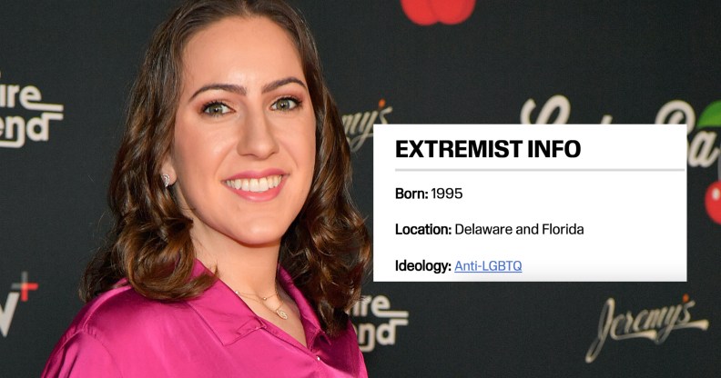 Image shows Chaya Raichik smiling, with her listing as an extremist superimposed to her right