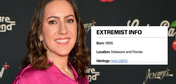 Image shows Chaya Raichik smiling, with her listing as an extremist superimposed to her right