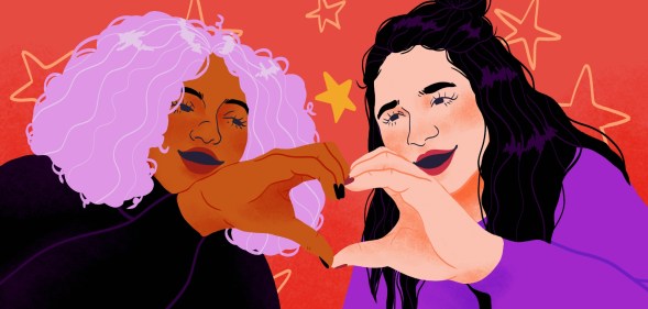 Happy women friends forming heart-shape with hands with gold stars behind them