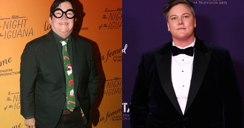 Hannah Gadsby and Lea DeLaria dressed in suits