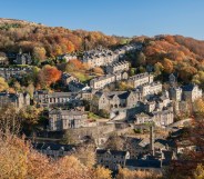 Hebden Bridge town, aerial shot of the village in autumn