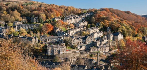 Hebden Bridge town, aerial shot of the village in autumn