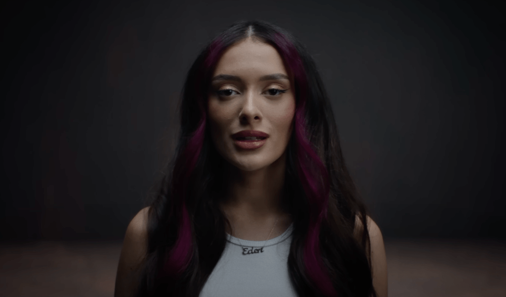 Eden Golan in the music video for Israel's 2024 Eurovision Song Contest entry "Hurricane"