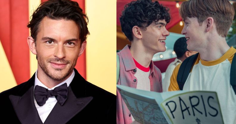 A picture of Jonathan Bailey (left) next to a picture of Joe Locke and Kit Conner as Charlie and Nick in Heartstopper season 2