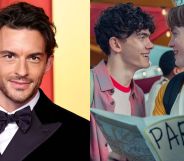 A picture of Jonathan Bailey (left) next to a picture of Joe Locke and Kit Conner as Charlie and Nick in Heartstopper season 2