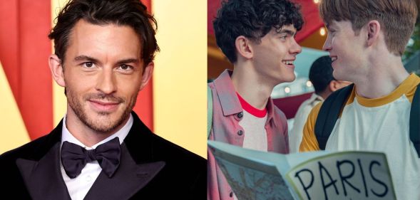 A picture of Jonathan Bailey (left) next to a picture of Joe Locke and Kit Conner as Charlie and Nick in Heartstopper season 2