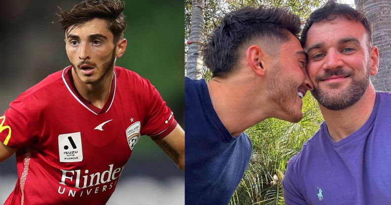 Josh Cavallo (left) playing football and with partner and fiance Leighton Morrell (right)