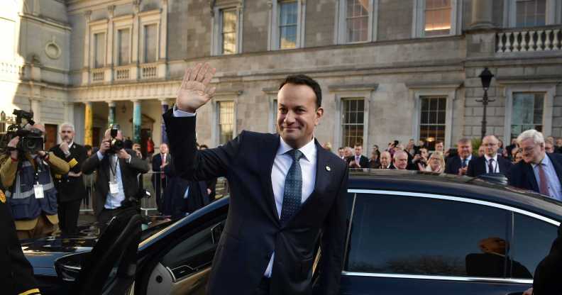 DUBLIN, IRELAND - DECEMBER 17: Fine Gael leader Leo Varadkar waves as he is congratulated by party members after being nominated as Taoiseach at Leinster House on December 17, 2022 in Dublin, Ireland. Leo Varadkar who previously held the post will take over as the newly appointed Taoiseach from Micheal Martin as part of a coalition agreement between the two political parties, Fianna Fail and Fine Gael following the last election which resulted in a hung government. (Photo by Charles McQuillan/Getty Images)