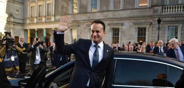 DUBLIN, IRELAND - DECEMBER 17: Fine Gael leader Leo Varadkar waves as he is congratulated by party members after being nominated as Taoiseach at Leinster House on December 17, 2022 in Dublin, Ireland. Leo Varadkar who previously held the post will take over as the newly appointed Taoiseach from Micheal Martin as part of a coalition agreement between the two political parties, Fianna Fail and Fine Gael following the last election which resulted in a hung government. (Photo by Charles McQuillan/Getty Images)