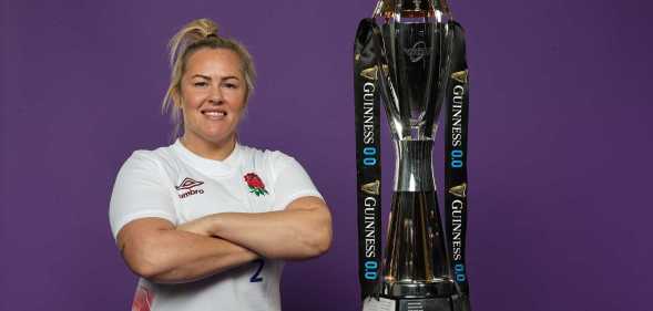 LONDON, ENGLAND - MARCH 13: Marlie Packer, the England captain, poses with the Six Nations trophy during Guinness Women's Six Nations Launch 2024 at Frameless on March 13, 2024 in London, England. (Photo by David Rogers/Getty Images)