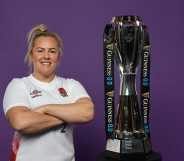 LONDON, ENGLAND - MARCH 13: Marlie Packer, the England captain, poses with the Six Nations trophy during Guinness Women's Six Nations Launch 2024 at Frameless on March 13, 2024 in London, England. (Photo by David Rogers/Getty Images)