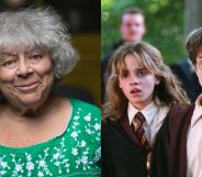 Miriam Margoyles in a green top (left) and Hermione Granger and Harry Potter in Harry Potter (right).