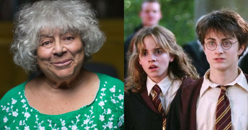 Miriam Margoyles in a green top (left) and Hermione Granger and Harry Potter in Harry Potter (right).