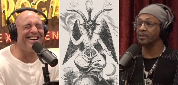 Image shows podcast host Joe Rogan laughing on the left, an illustration of the demon Baphomet in the middle, and actor Katt Williams on the right