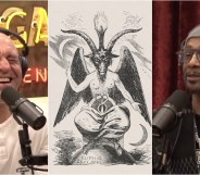 Image shows podcast host Joe Rogan laughing on the left, an illustration of the demon Baphomet in the middle, and actor Katt Williams on the right