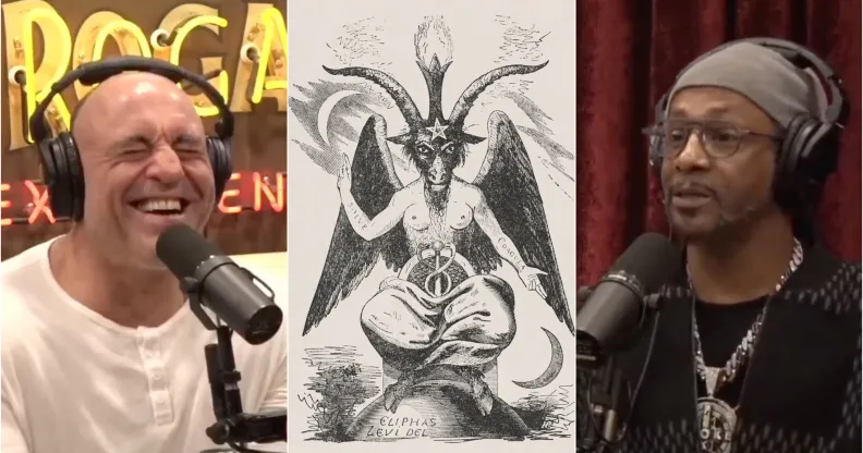 Image shows podcast host Joe Rogan laughing on the left, an illustration of the demon Baphomet in the middle, and actor Katt Williams on the right