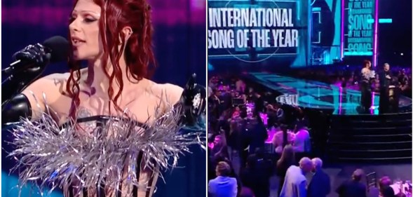Composite image, on the left is a close up of Bimini, who is wearing a corset and speaking into a microphone. On the right is a wide angle shot of them on stage with the International Song Of The Year logo behind them