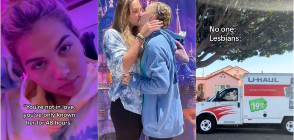 Composite image shows singer Hayley Kiyoko on the left, JoJo Siwa kissing then-girlfriend Kylie Prew in the centre, and a U-Haul truck on the right