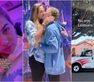 Composite image shows singer Hayley Kiyoko on the left, JoJo Siwa kissing then-girlfriend Kylie Prew in the centre, and a U-Haul truck on the right