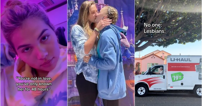 Composite image shows singer Hayley Kiyoko on the left, JoJo Siwa kissing then-girlfriend Kylie Prew in the centre, and a U-Haul truck on the right
