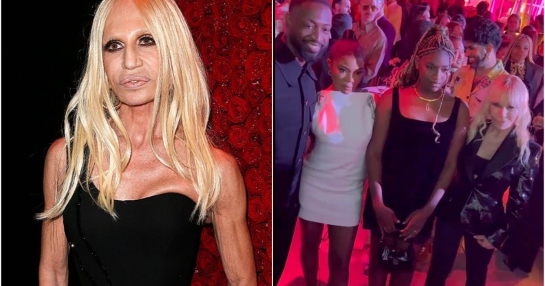 Left hand panel shows Donatella Versace, slim, blonde and wearing a black dress. On the right she is seen posing at the LA LGBT Center event with Dwayne Wade, Gabrielle Union and Zaya Wade