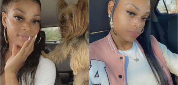 Photo is a composite, on the left Ashia Davis poses with her beloved Yorkshire Terrier Clyde, on the right she poses solo in her car wearing a baseball jacket. She has long braids and full makeup.