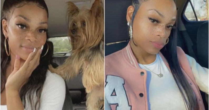 Photo is a composite, on the left Ashia Davis poses with her beloved Yorkshire Terrier Clyde, on the right she poses solo in her car wearing a baseball jacket. She has long braids and full makeup.