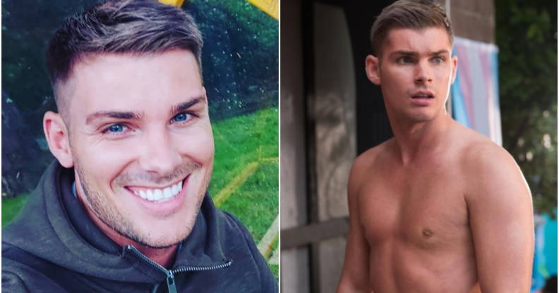 Image shows a close up of Kieron Richardson smiling on the left, and a still image of Richardson on the right, taken from the channel four soap Hollyoaks, where he is shirtless and standing in front of a trans pride flag outdoors.