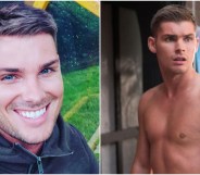 Image shows a close up of Kieron Richardson smiling on the left, and a still image of Richardson on the right, taken from the channel four soap Hollyoaks, where he is shirtless and standing in front of a trans pride flag outdoors.