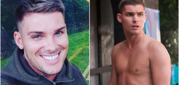 Image shows a close up of Kieron Richardson smiling on the left, and a still image of Richardson on the right, taken from the channel four soap Hollyoaks, where he is shirtless and standing in front of a trans pride flag outdoors.