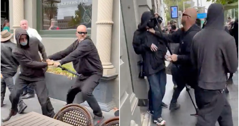 A shaven-headed man is seen fighting with other people outside a bar in Melbourne