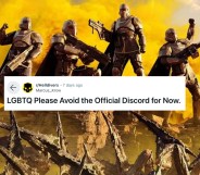 Image shows four sci-fi soldiers standing on a rocky outcrop against a yellow sky, a superimposed screenshot from reddit reads "LGBTQ please avoid the official discord for now"