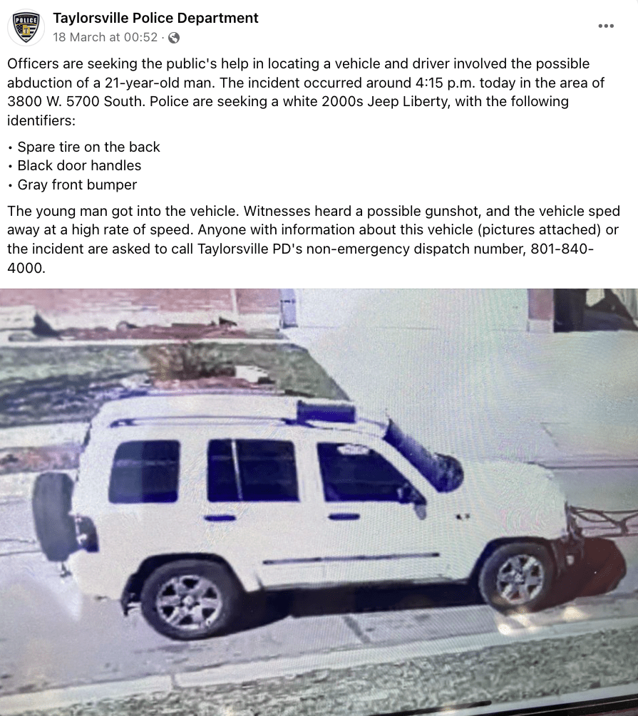 A Facebook post written by police officers with a picture of a white jeep, the text is requesting witnesses come forward to shed light on the fact that Alex Franco was allegedly abducted by two people in a jeep