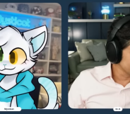 Cartoon cat Mysticat is interviewed live on YouTube stream by a human interviewer wearing headphones and speaking into a mic