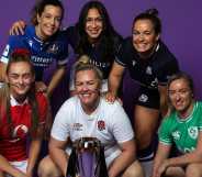 LONDON, ENGLAND - MARCH 13: (L-R) Hannah Jones, Wales captain, Elisa Giordano, Italy captain, Marlie Packer, England captain, Manae Feleu, France captain, Rachel Malcolm, Scotland captain and Edel McMahon, the Ireland captainpose with the Six Nations trophy during Guinness Women's Six Nations Launch 2024 at held Frameless on March 13, 2024 in London, England. (Photo by David Rogers/Getty Images)