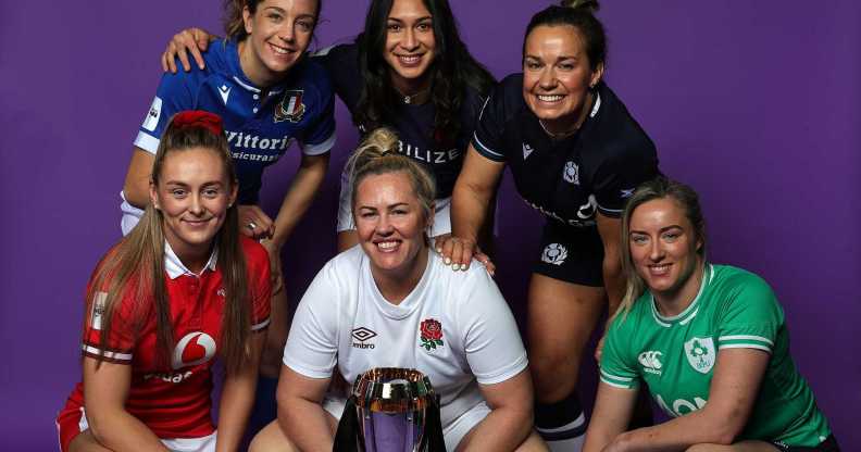 LONDON, ENGLAND - MARCH 13: (L-R) Hannah Jones, Wales captain, Elisa Giordano, Italy captain, Marlie Packer, England captain, Manae Feleu, France captain, Rachel Malcolm, Scotland captain and Edel McMahon, the Ireland captainpose with the Six Nations trophy during Guinness Women's Six Nations Launch 2024 at held Frameless on March 13, 2024 in London, England. (Photo by David Rogers/Getty Images)