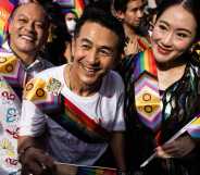 BANGKOK, THAILAND - JUNE 04: (L-R) Nattawut Saikua, Chonlanan Srikaew, and Paetongtarn Shinawatra, members of the Pheu Thai party, attend a Pride parade on June 04, 2023 in Bangkok, Thailand. Members of the LGBTQ community and allies take part in a Pride month march through central Bangkok. (Photo by Lauren DeCicca/Getty Images)